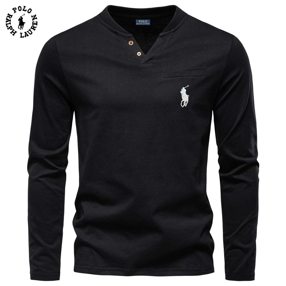 Polo Ralph Lauren 2025 Autumn New Men's Embroidery Casual V-neck Long Sleeved T-shirt Slim Fit Base Shirt Pure Cotton T-shirt Top for Men