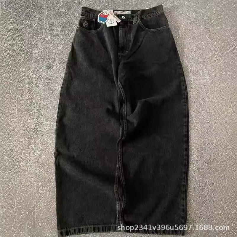 Mens Relaxed Fit Washed Denim Jeans With Embroidered Hip Hop Graphic Casual Wear