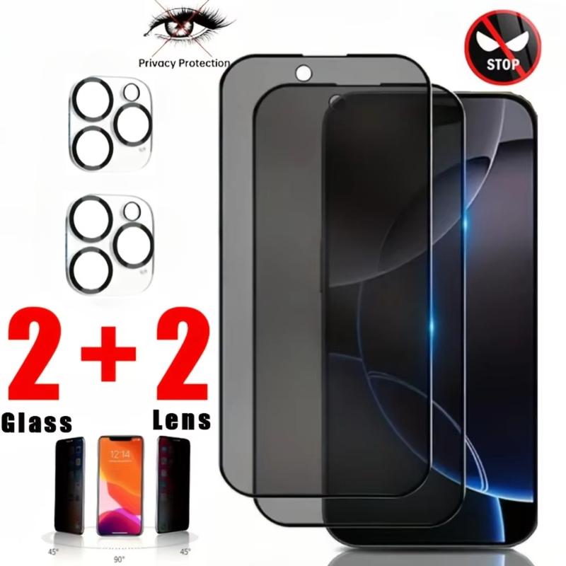 Защитная пленка 4-в-1 с защитой от подглядывания для iPhone 16 14 13 15 Pro Max 16e, Стеклянная пленка для защиты объектива камеры для iPhone 12 11 Pro Max 15 14 Plus