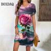 Summer Beach Party Dress Women Tie Dye Rose Flower Print Dress Casual Short Sleeve O-Neck Pullover Oversized Female Clothes