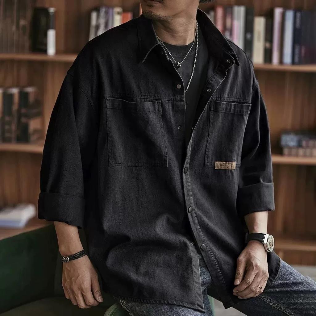 Осенняя мужская рубашка-карго с длинным рукавом, повседневная корейская мода, большие блузки, Hombre 2025, новая футболка High Street Y2K, мешковатая куртка