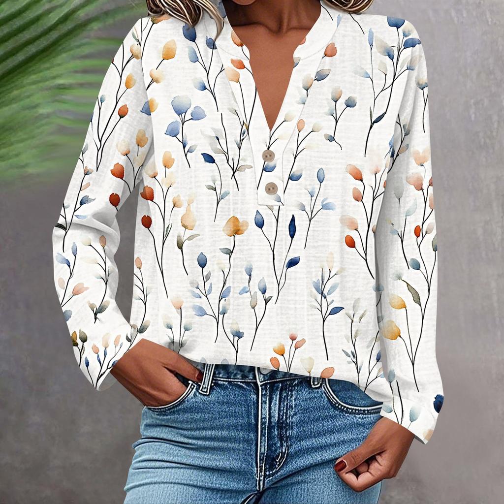 Женская модная и повседневная рубашка с длинным рукавом, V-образным вырезом, на пуговицах, с принтом, блузка, топ