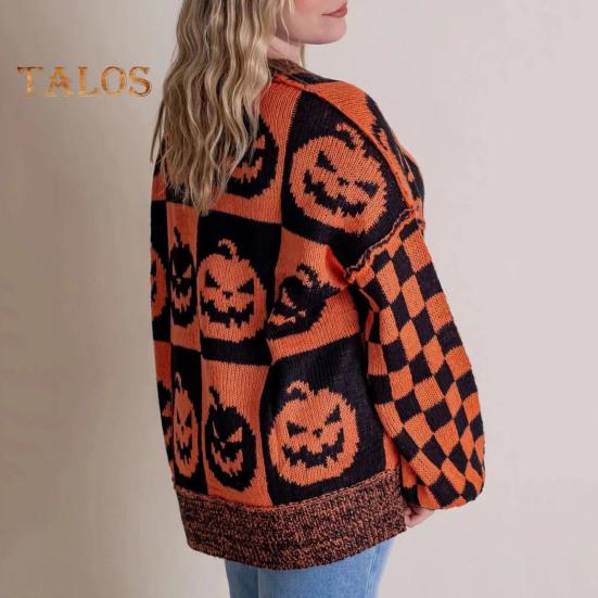 Свитер на Хэллоуин с рисунком призрака в клетку, тыквы, вязаные топы, свободный круглый вырез, длинный рукав, свитер, топы, трикотаж