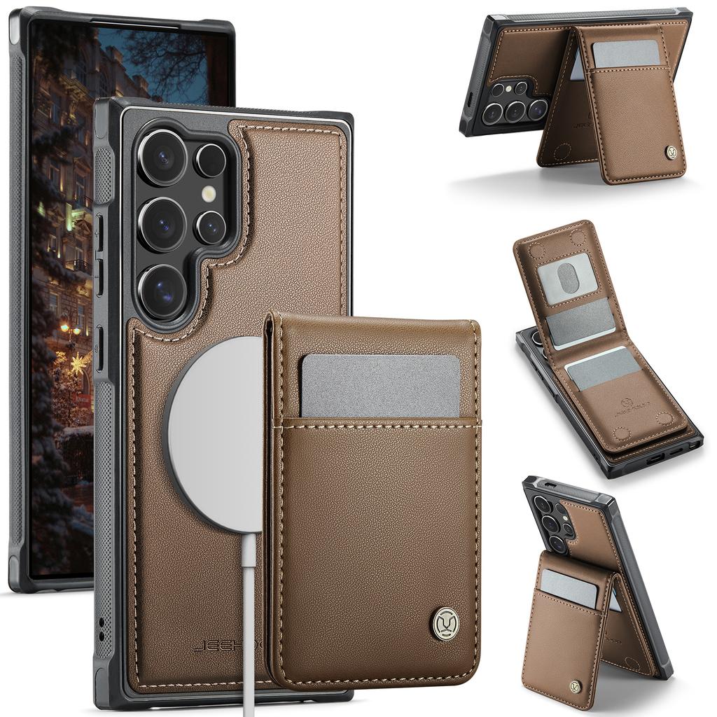 For Samsung Galaxy S26 Ultra Leather Back Cover JEEHOOD J06 Magnetic Phone Case with Card Bag RFID Blocking