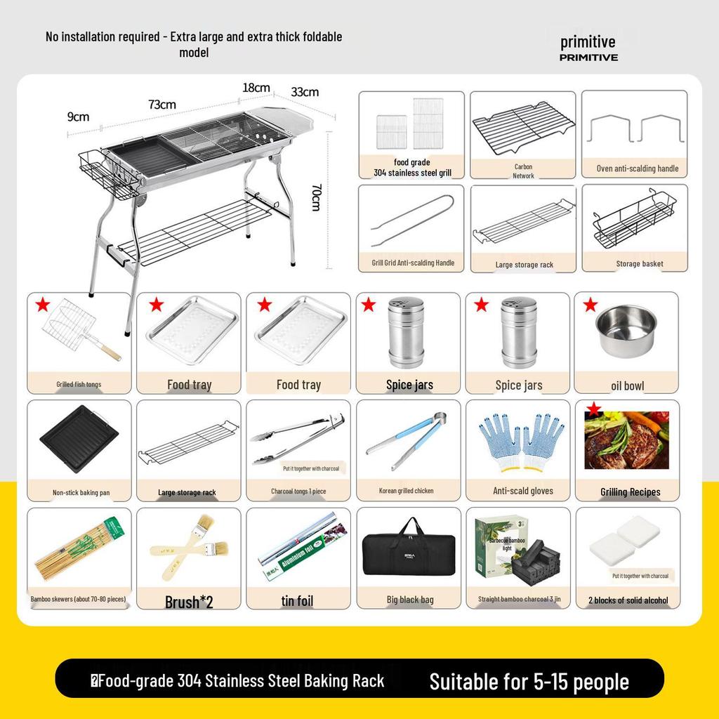 Большой портативный складной угольный гриль-барбекю из нержавеющей стали для использования на открытом воздухе и дома