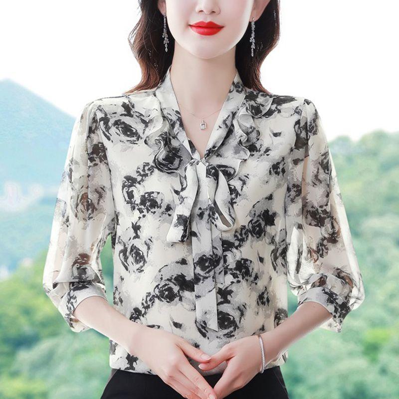 Рубашка из шифона с рукавами семь минут, цветочные узоры, женские весенние и летние новые модные топы, женская свободная универсальная рубашка