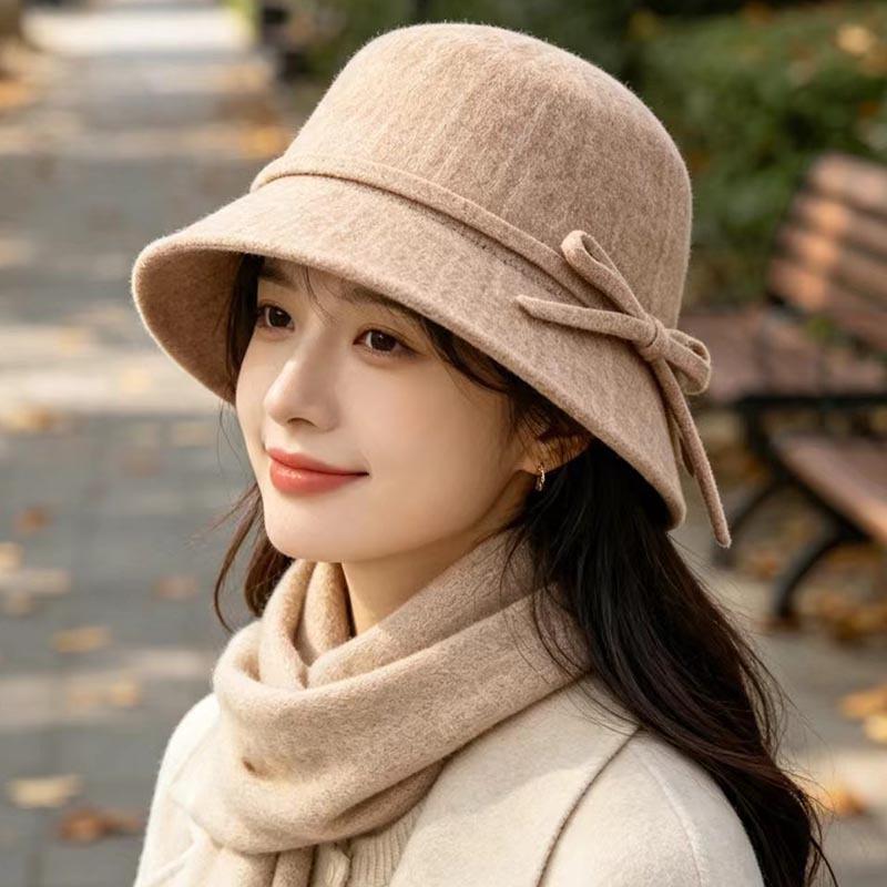 New elegant bow mixed color wool bucket hat women's autumn and winter versatile washbasin hat bucket hat