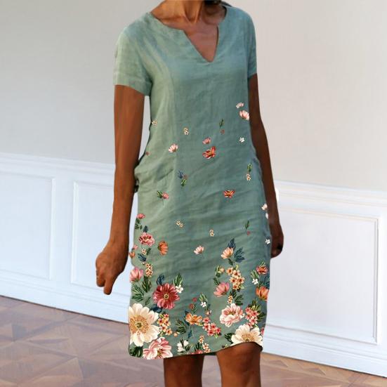 Женское летнее платье с v-образным вырезом и цветочным принтом, свободное прямое платье-пуловер длиной до колена, цветное платье миди, женская одежда