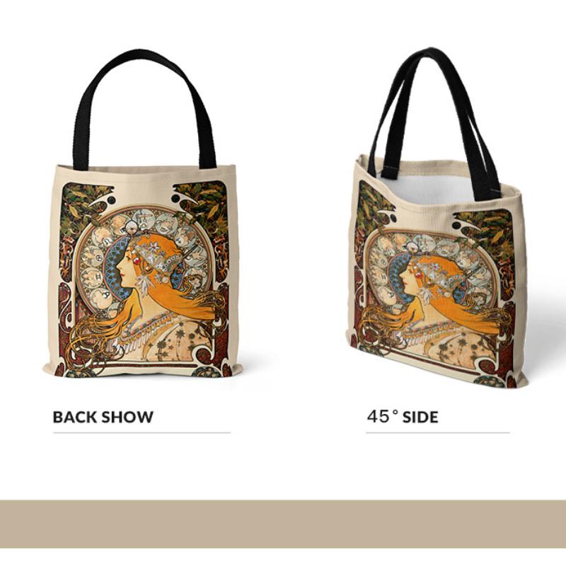 Холстовая большая сумка с плакатом серии Mucha, ретро-сумка на плечо, женская сумка с цифровой печатью и верхней ручкой