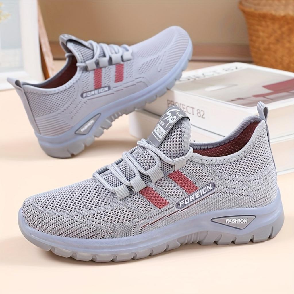 Женские дышащие вязаные спортивные туфли - черные с красными полосками, подходят для всех сезонов. Дизайн с низким вырезом, легкий и с амортизацией