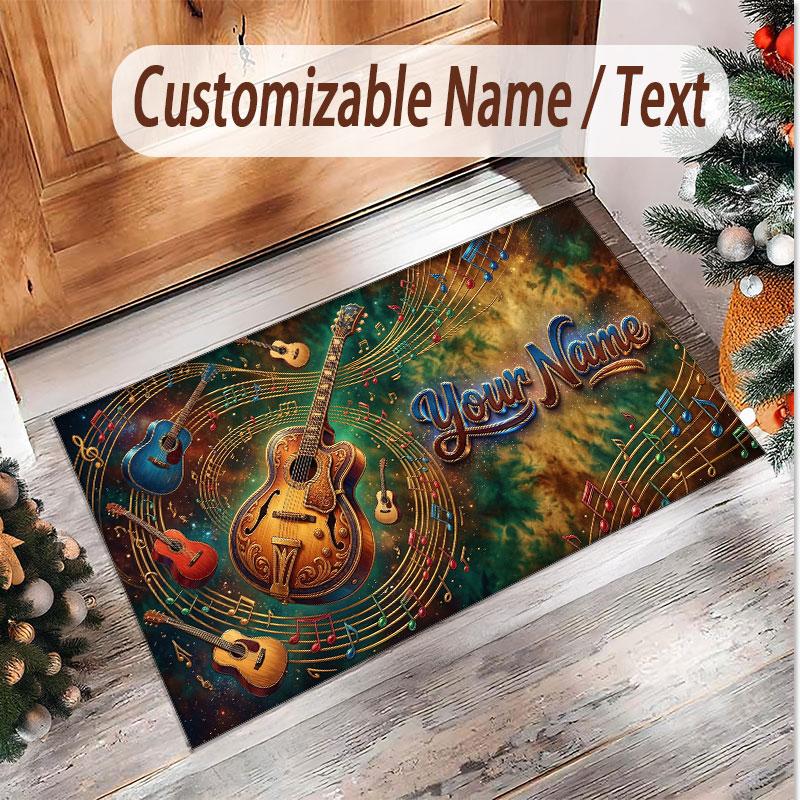 Music Guitar Theme Soft Crystal Velvet Rug Custom Name & Text Print Non Slip Floor Rug for Bedroom Living Room