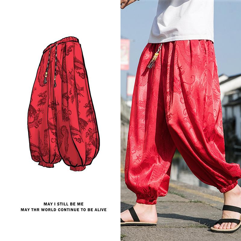 Мужские брюки Outdoor Brand Lce Silk Dragon Dark Flower Свободные Брюки-шаровары Высокое Качество Широкие Повседневные Брюки Мужские