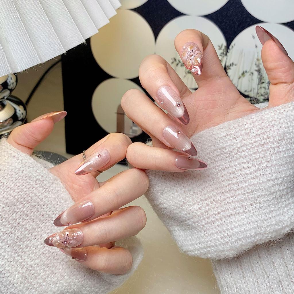 Women Mid‑Long Almond Press‑On Nails Pure‑Handmade French‑Engraved Magic‑Mirror Pink Cat‑Eye False Nail Patches