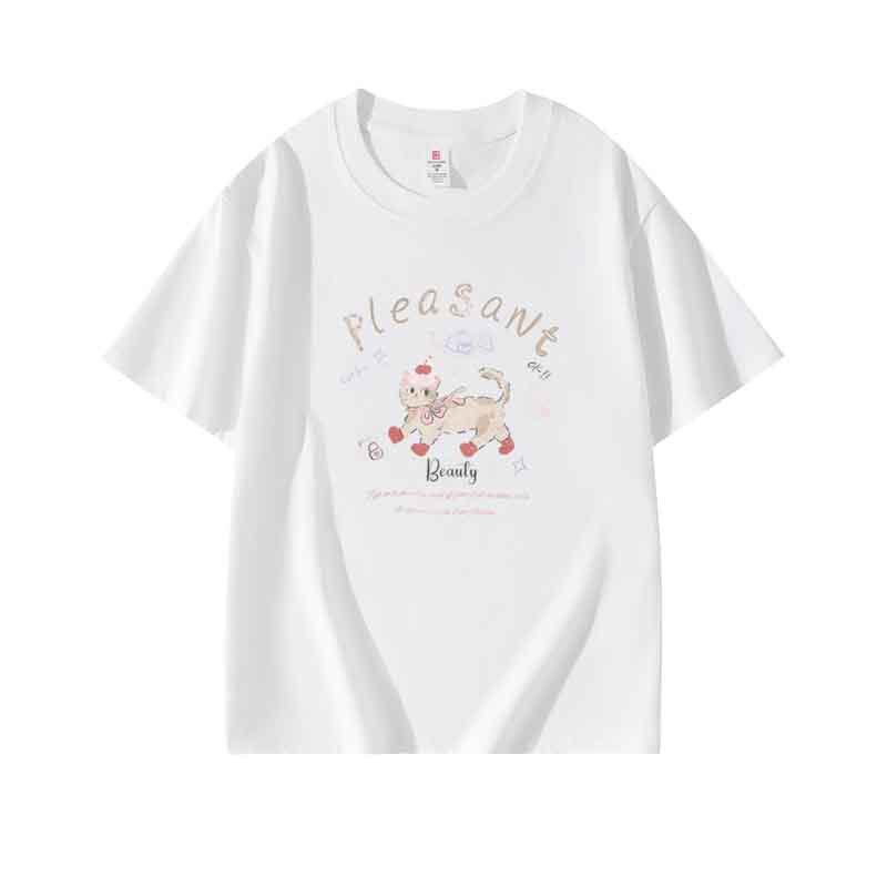 White round neck cotton short-sleeved T-shirt women's summer new cartoon cat print casual loose short-sleeved top