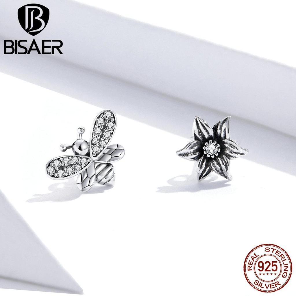 Bisaer Женские серьги-гвоздики из стерлингового серебра 925 пробы в стиле ретро с цветком и CZ Bee, ювелирные изделия в подарок