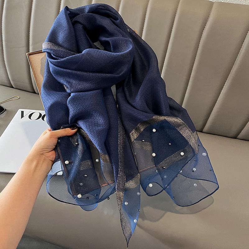 Spring/Summer Comfortable Imitation Silk Print Wraps Elegant Breathable Beaded Scarf for Women Casual Classic Breathable Shawl
