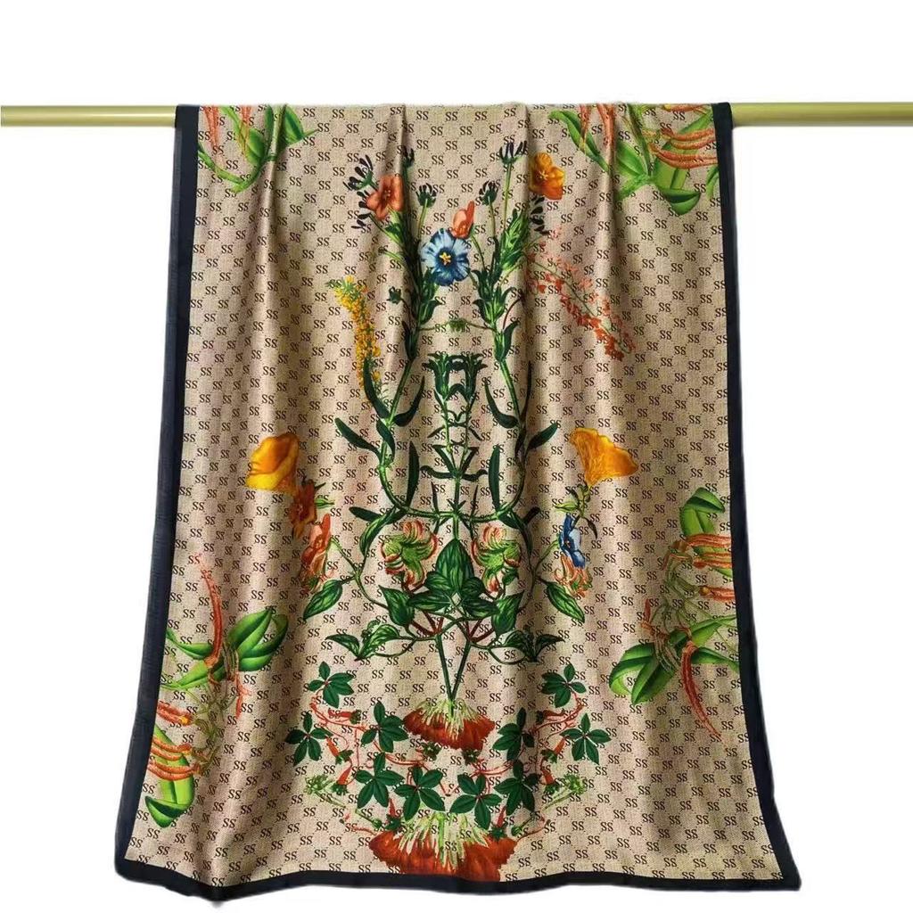 New Spring and Autumn Retro Floral Cranes Temperament Simulation Silk Large Long Scarf Sunscreen Outwear Shawl Female Silk Scarf