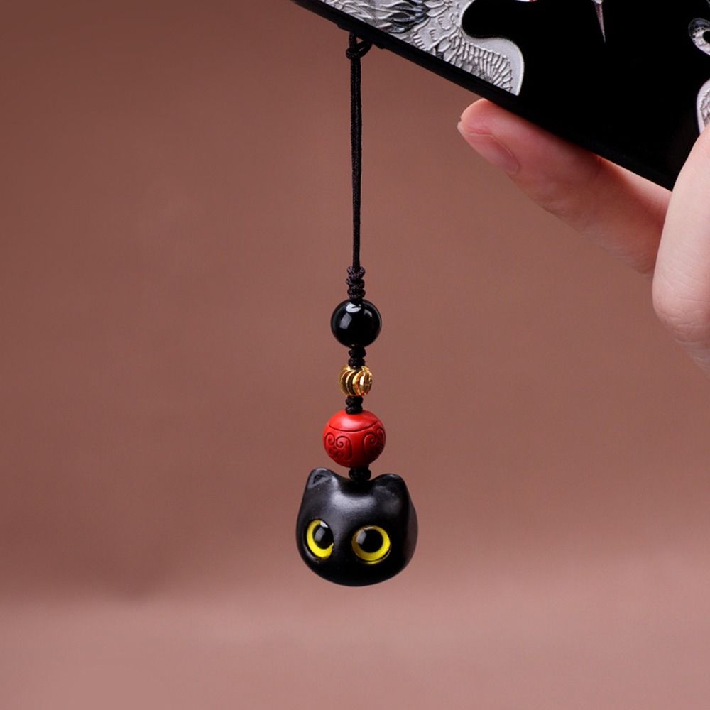 Hand-woven Phone Pendent Sandalwood Key Chain Lucky Cat Pendant Key Chain Strap Mobile Phone Ring