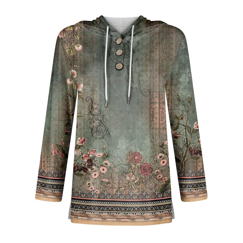 Жен. Футболка Футболка Пуговицы Цветочный принт Длинный рукав Повседневные Выходные Мода Классический Классический V-образный вырез Обычный Топ