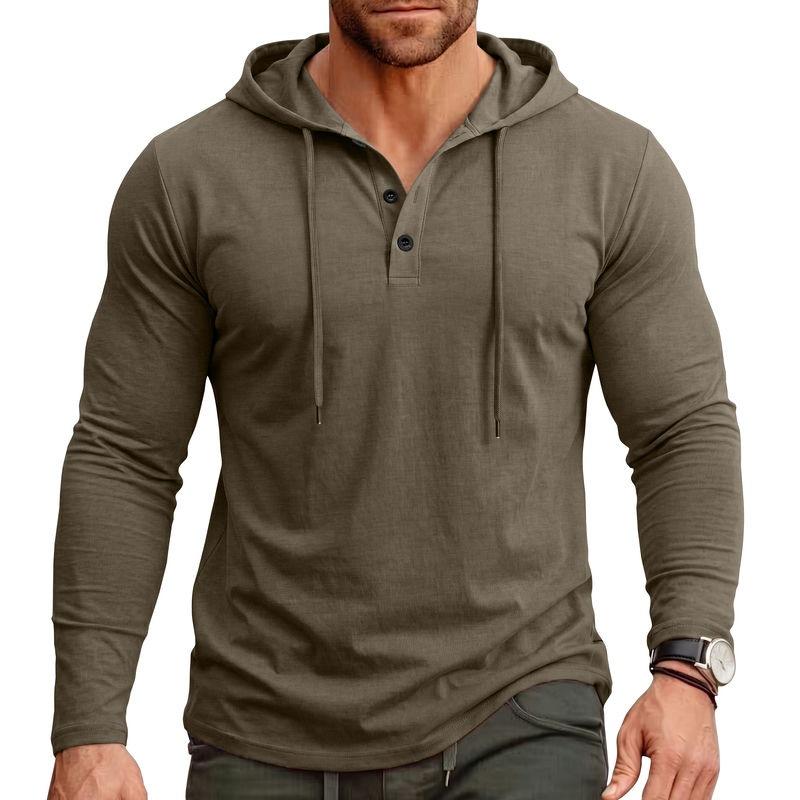 Мужская футболка-henley с длинным рукавом и капюшоном для спорта