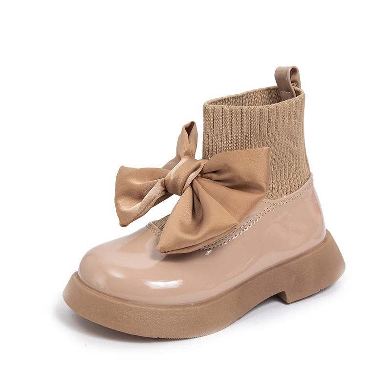 Black Glossy Children's Pure Black Socks Shoes 2024 Breathable Spring and Autumn Bow Japanese Lolita Uniform Boots for Girls PU