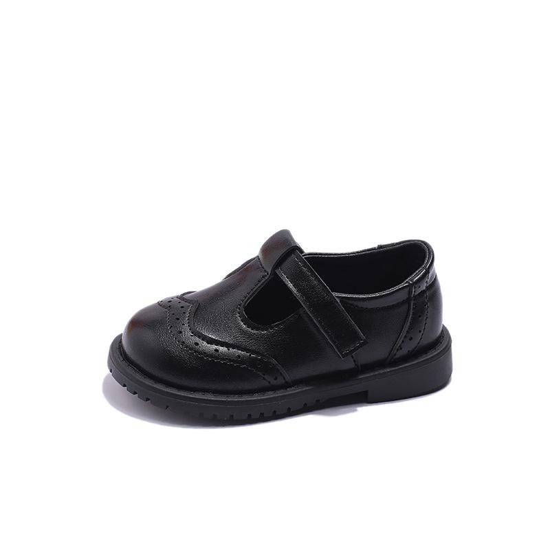 2024 Весна T-Strap Черная британская школьная обувь на липучке с круглым носком Универсальная мягкая детская повседневная обувь для мальчиков и девочек на плоской подошве