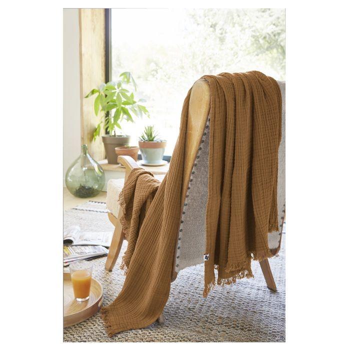 Plaid quadruple gaze de coton 180 x 220 cm Gaia camel
