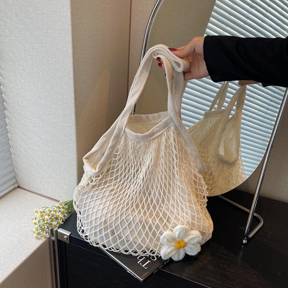 Polyester Hollow Woven Shoulder Bag Large Capacity Summer Beach Tote Bags  Clothes Storage
