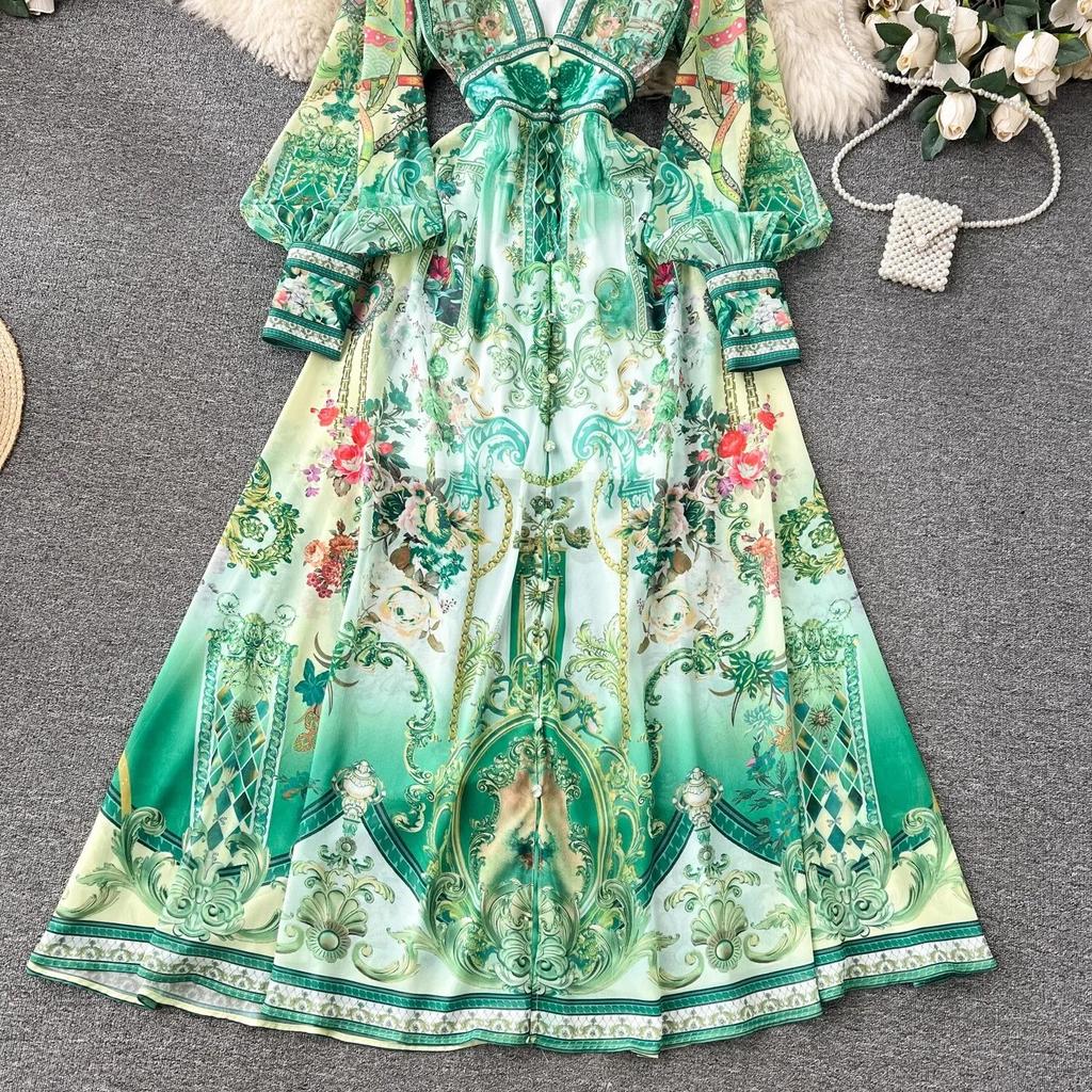 Летняя мода, роскошный дизайнерский винтажный шифон с принтом, праздничное пляжное платье, женское сексуальное платье с v-образным вырезом и рукавами-фонариками, эластичный пояс, длинный халат макси