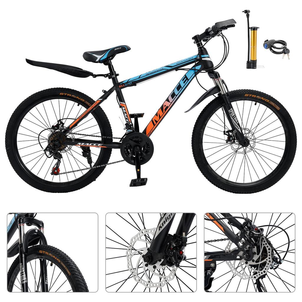 26" Spoke Wheel 24 Speed Mountain Bicycle Adult Bike MTB W/ Fender Blue+Orange