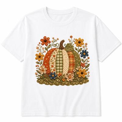 Faux Patchwork Floral Pumpkin T Shirt Vintage Fall Cottagecore Graphic Tee