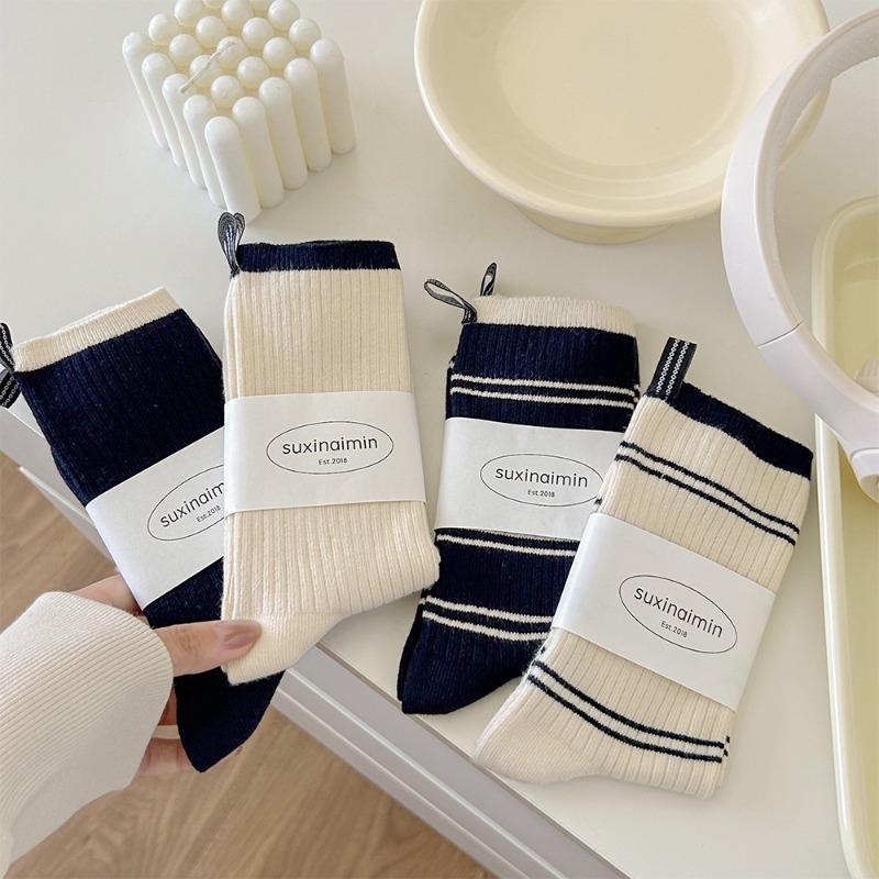 Women's Color-blocking Striped Autumn and Winter Sweat-absorbing Heel Fabric Label Mid-calf Socks Simple Pure Cotton Pile Socks