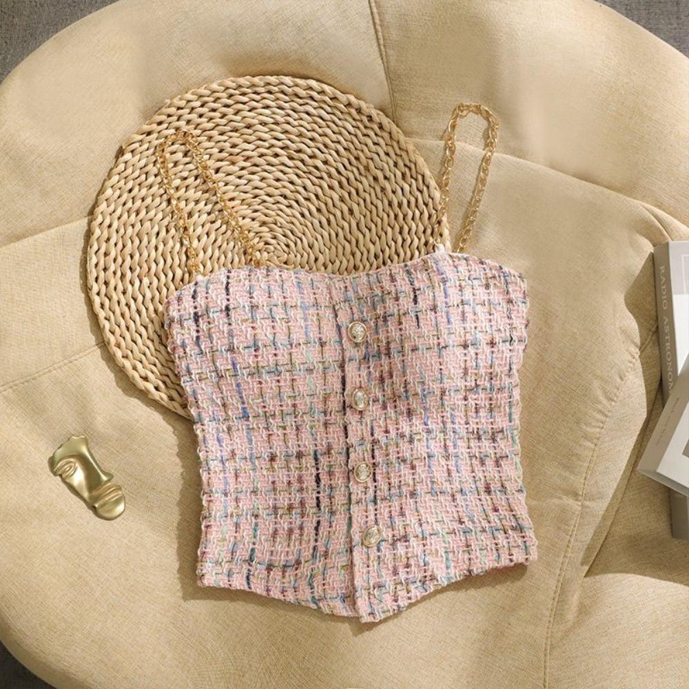 Plaid Tank Top Solid Metal Chain Halter Crop Tops Women Summer Camis Backless Camisole Fashion Casual Tube Female Sleeveless Cropped Vest Y2K