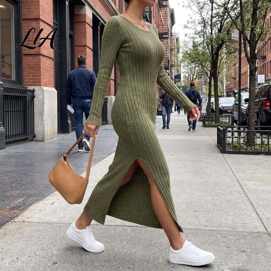 Round Neck Dress Women Knitted Dress, Long Sleeve Pullover Sweater Winter Wear Solid Color Stretchy Split Bodycon for Autumn
