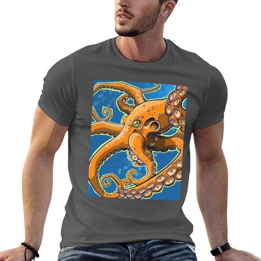 Tangerine Octopus On Blue Background TShirt Cotton T Shirts High Quality Cotton T Shirt Pack Funny T Shirts Unisex TShirt
