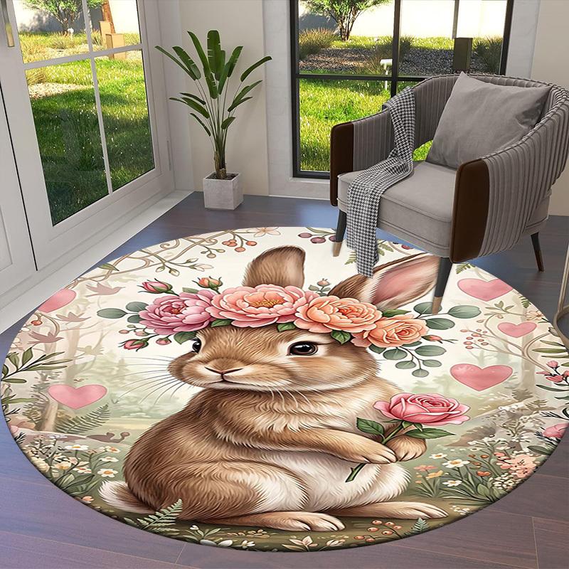 1PC Floral Bunny Non-Slip Floor Round carpet, Office, family, bedroom, Large Area Rug Indoor Rugs, Durable Polyester-L0413