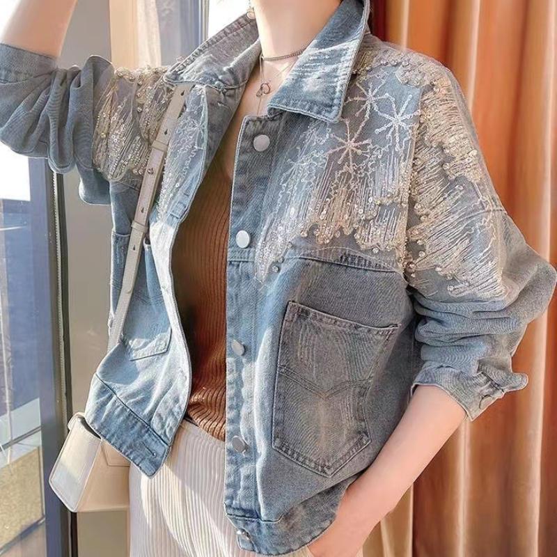 Short Crop Sequin 2025 Fashion Small with Rhinestones Diamonds Denim Jacket for Women Trend New Collection In Cowboy Coat Woman