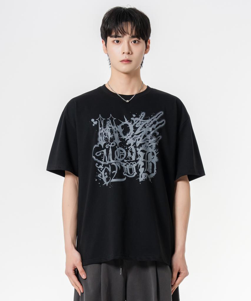 MOZMOZ Ink Print Double Weave Short Sleeve T-Shirt Black