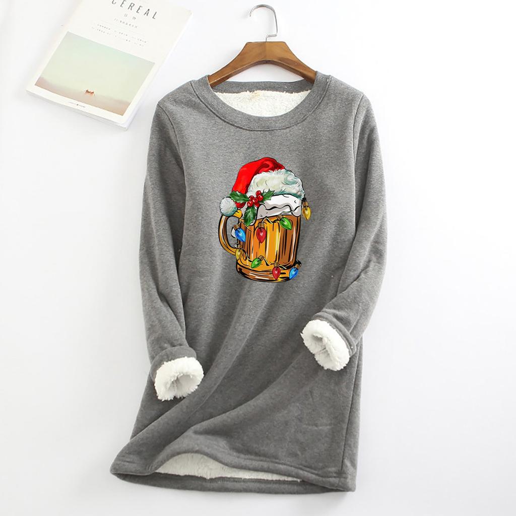 Женский круглый вырез с принтом из утолщенного плюша и кашемира, теплый длинный топ