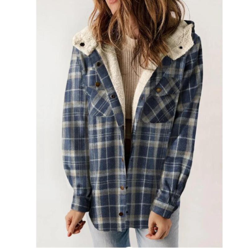 Women's Plaid Fashion Fleece Coats Winter Warm Hooded Fleece Jackets Casual Outwear Large Size Loose Comfortable Coat