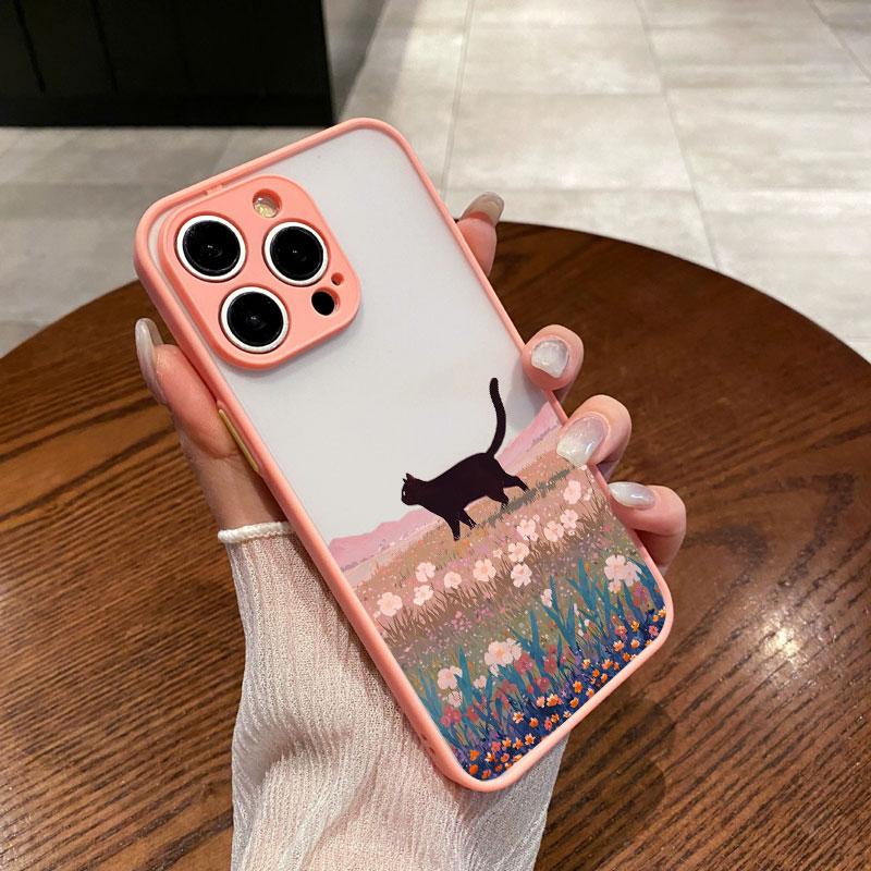 Черный кот Пейзаж Чехол для телефона Для iPhone 16 17 Pro Max 15 14 Pro Max Plus 13 12 Mini 11 Pro Max Мультяшный Ударопрочный Задние крышки