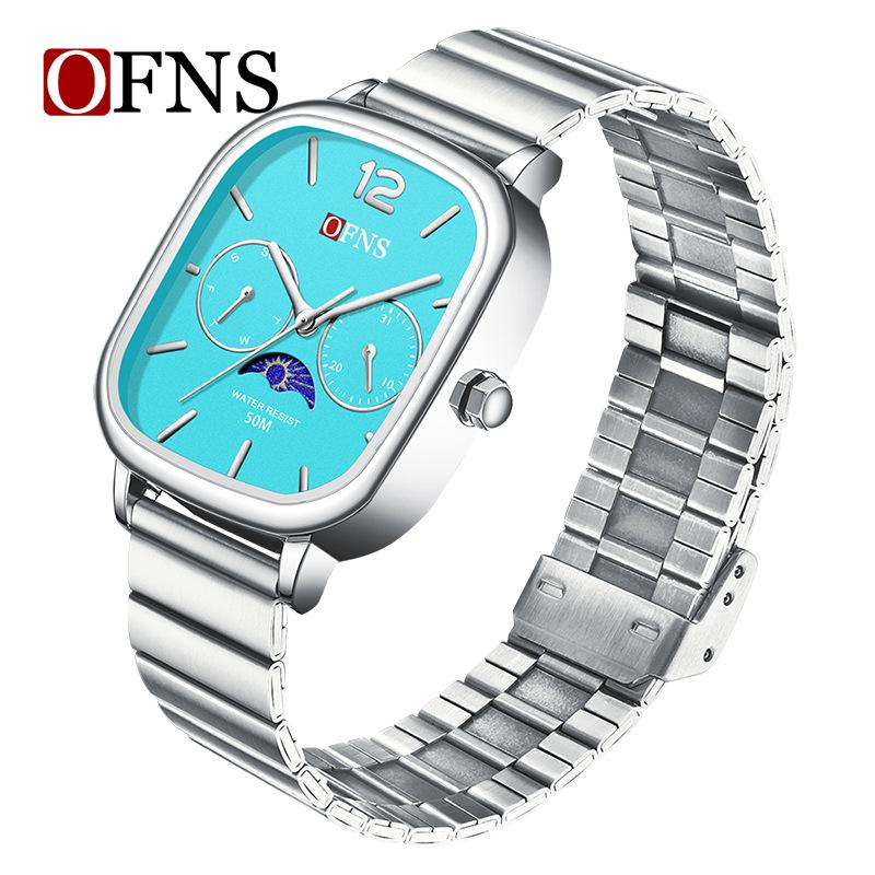 Fashion Ofns Brand Quartz Waterproof Light Luxury Five-hand Disc Five-pin Minimalist Square Moon Phase Men's Steel Watches