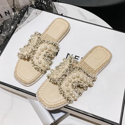 Модные летние новые туфли для женщин, тапочки, уличные льняные плетеные повседневные сандалии, жемчужные шлепанцы для девочек