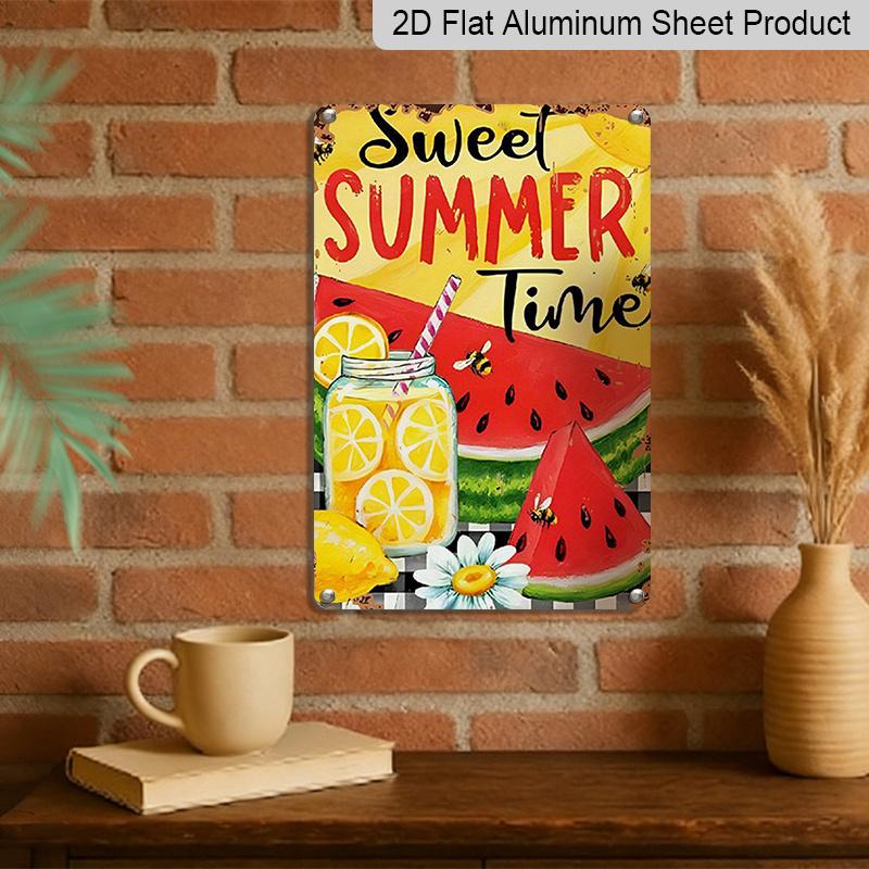 2D Flat, Vintage Summer Metal Wall Plaque - Lemonade & Watermelon Slices with Sweet Summer Time Text - 8x12 Inch Retro Aluminium Sign for Home, Cafe