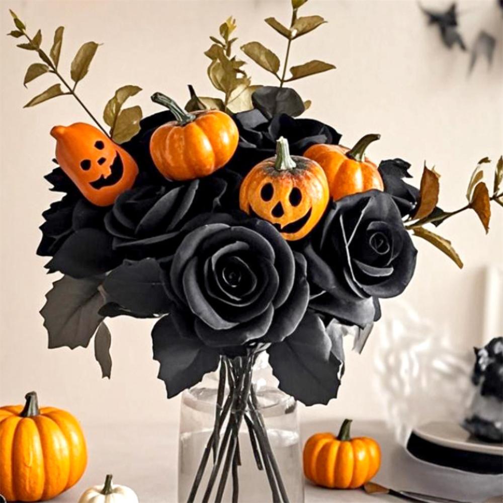 Halloween Black Artificial Rose Flowers Dark Horror Gothic Black Simulated Flower Bouquet for Wedding Halloween Party Home Decor