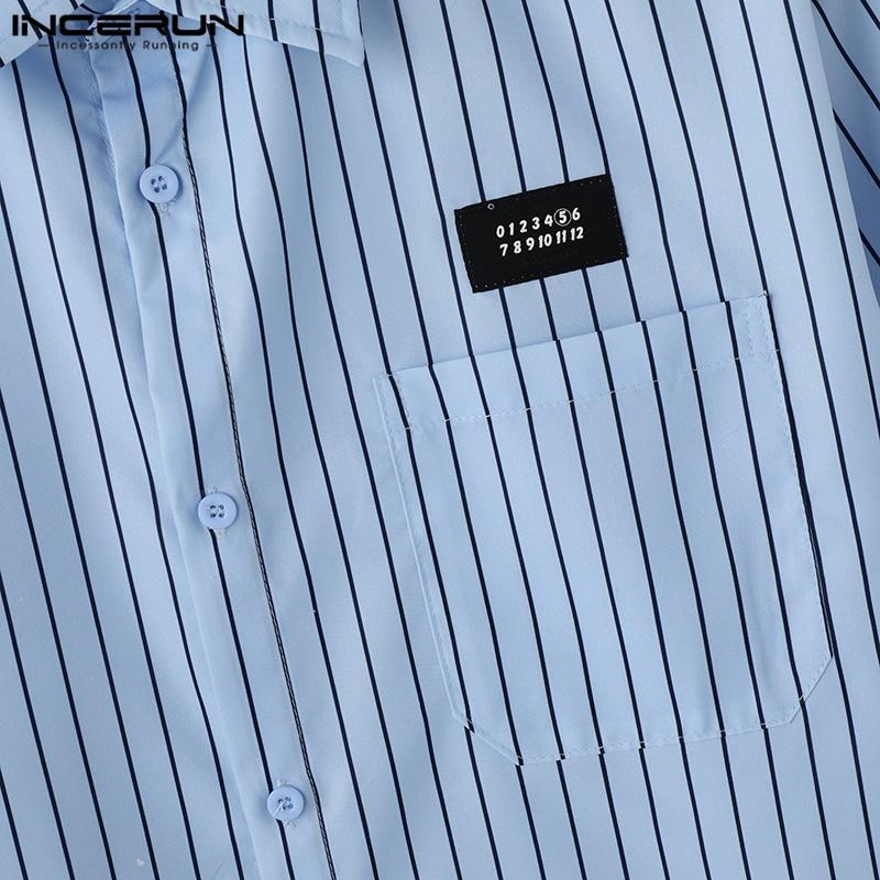 INCERUN Большие летние мужские повседневные рубашки с отворотом и коротким рукавом с вышивкой и цветочным принтом в полоску