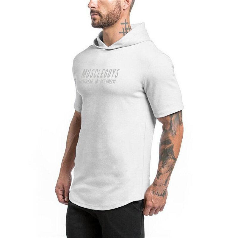 Muscleguys Новая летняя футболка с капюшоном для фитнеса, мужская уличная одежда, простая футболка для бодибилдинга с короткими рукавами, футболка для спортивных залов