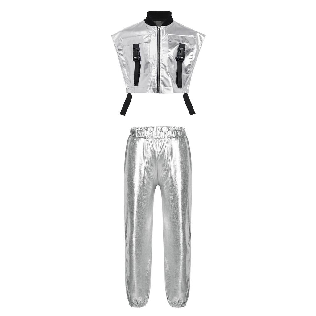 Girls Metallic Vest Jazz Performance Sleeveless Side Zipper Open Shiny Pants Elastic Waistband Dance Set