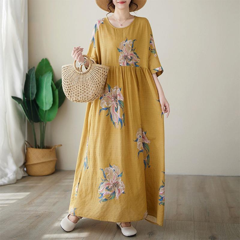 Летние тонкие хлопковые льняные платья с круглым вырезом и короткими рукавами, простое платье средней длины для женщин