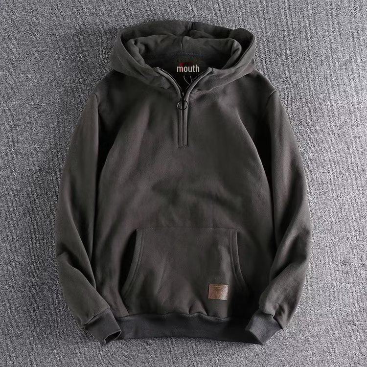 Мужская толстовка из плотного хлопка в стиле ретро с капюшоном, полумолнией, воротником-стойкой и карманом